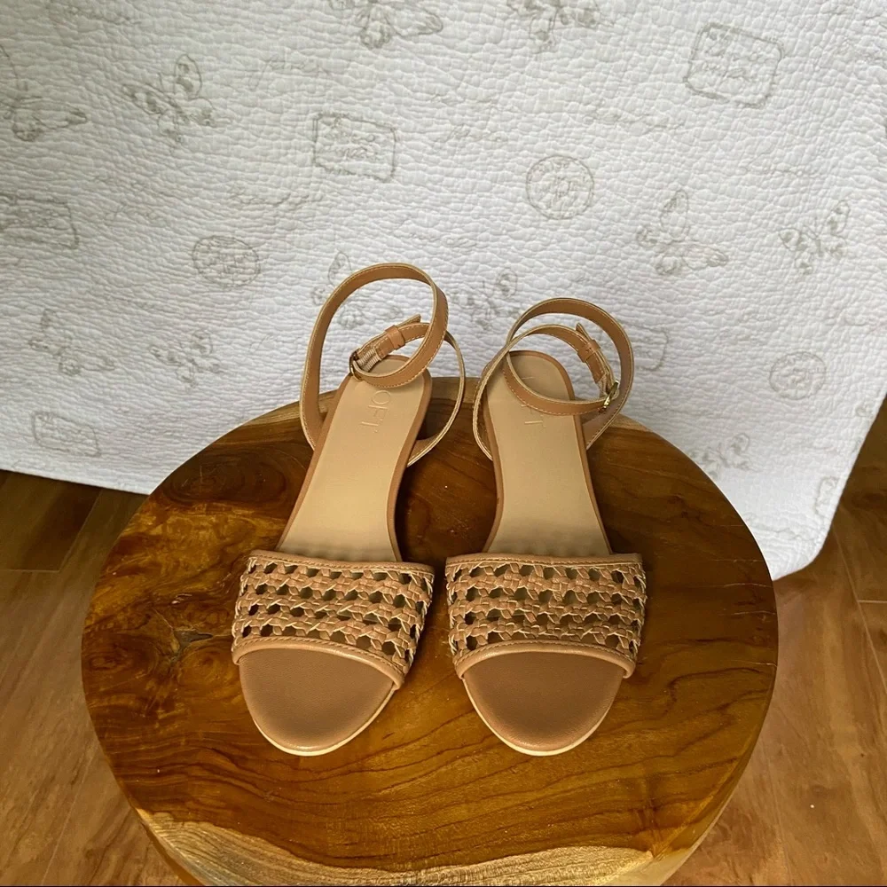 LOFT Tan Woven Ankle-Strap Block Heel Sandals - Picture 2 of 9